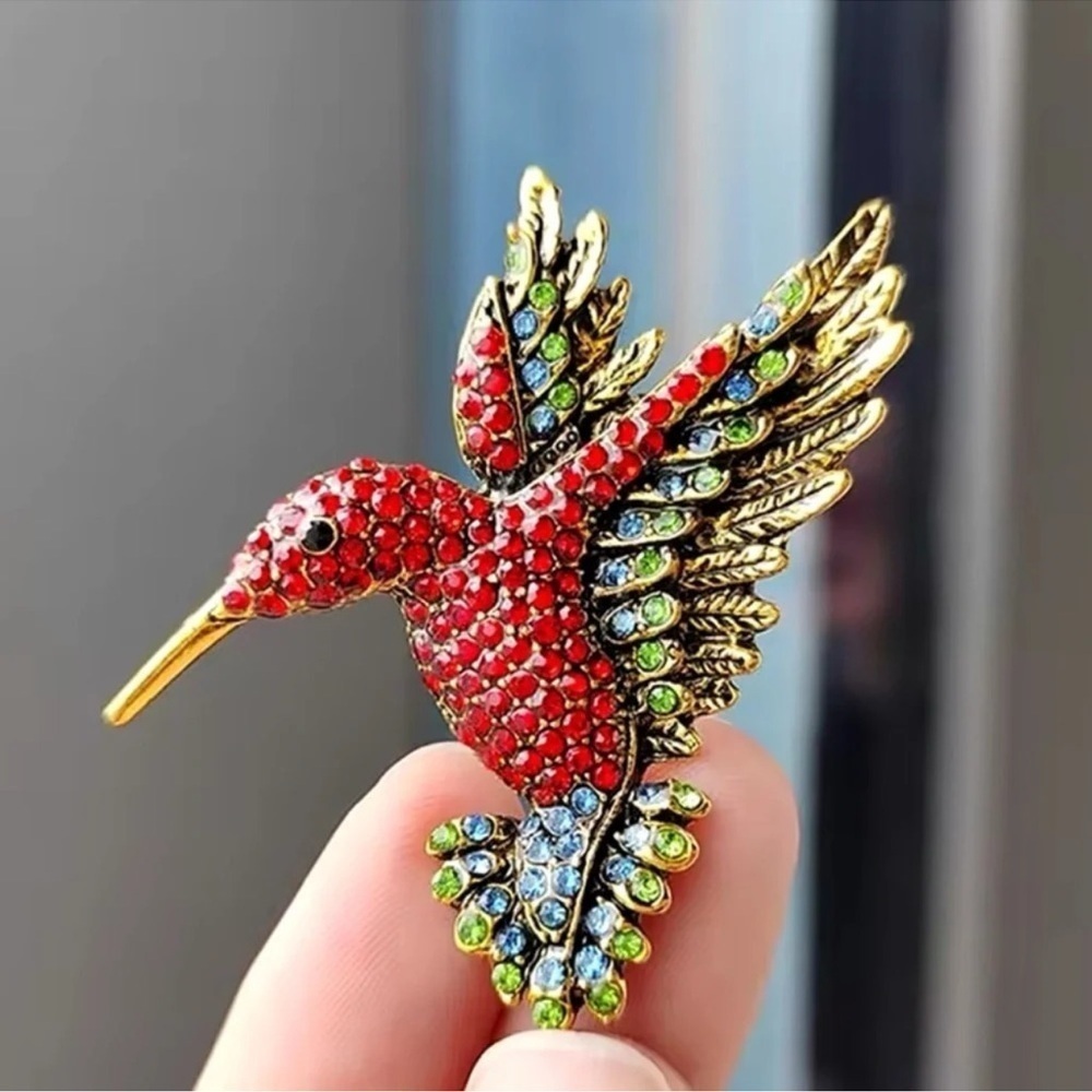 Anthropologie Hummingbird Red Crystal Pin Brooch